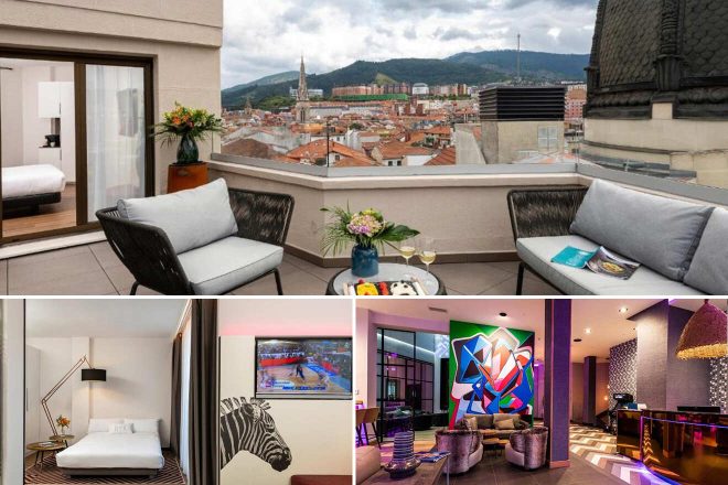 Collage of NYX Hotel Bilbao: a balcony view of a city, a chic room with zebra wall art, and a vibrant lounge area with modern art and plush seating