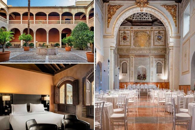 Collage of Hotel Palacio de Santa Paula: a classic courtyard with arches and a well, a luxurious room with a view of the courtyard, and an opulent hall set up for a grand event with artistic ceiling and wall frescoes.