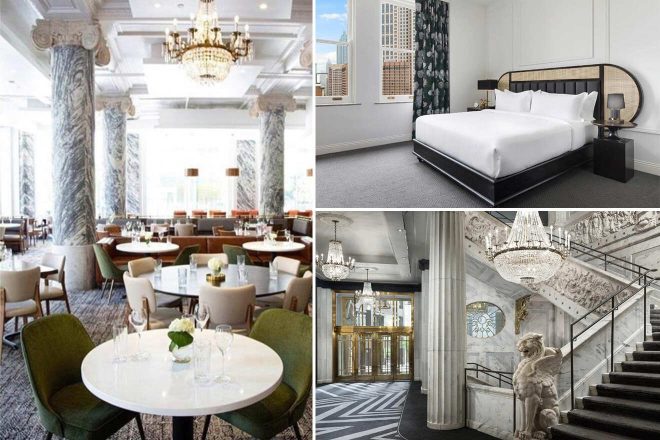 A collage of three hotel photos in Atlanta: An elegant dining area with grand marble columns and crystal chandeliers, a sophisticated bedroom with a large bed and patterned curtains, and a luxurious marble staircase with a classical statue.