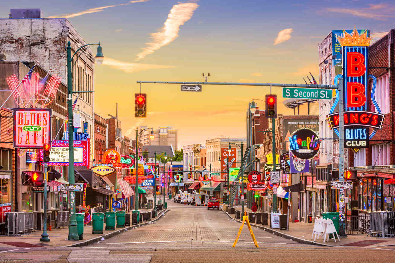 The vibrant Beale Street in Memphis at dusk, illuminated by neon signs from historic blues clubs and restaurants