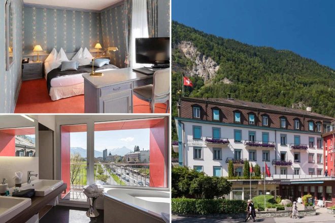 A collage of three hotel photos to stay in Interlaken: an elegant room with floral wallpaper and a cozy seating area, a stunning mountain view from a room's window, and the quaint hotel facade set against a lush, forested mountain backdrop