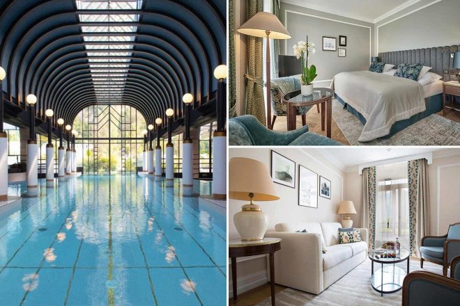 A collage of three photos of hotels to stay in Interlaken: a serene indoor pool with a modern, arched ceiling and natural light, a sophisticated bedroom with plush bedding and a blue velvet armchair, and a refined living space with tasteful art and flowing drapes