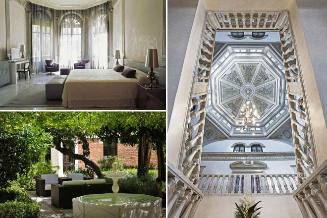 Collage of luxury accommodation Hospes Palacio de los Patos: a spacious bedroom with long flowing curtains, a verdant courtyard with contemporary outdoor furniture, and an ornate stairwell with intricate ceiling details