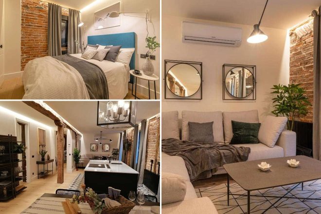 Hotel interior collage of New Soho: a cozy bedroom with exposed brick and teal headboard, a chic living room with decorative mirrors, an elegant kitchen island in an open-plan dining area, and a snug corner with plush cushions and a soft throw