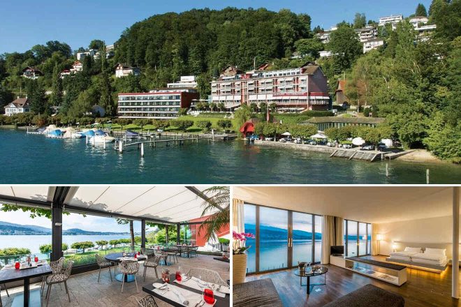 A collage of three hotel photos to stay in Lucerne: a waterfront hotel with boats docked along a lush green hillside, an outdoor restaurant patio offering a stunning view of the lake, and a bedroom with floor-to-ceiling windows showcasing the serene lake.