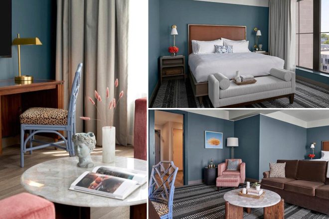A collage of three hotel room photos to stay in Memphis: a stylish room with blue walls and leopard print chair, a sophisticated bedroom with a grey upholstered bed and red flowers, and a cozy sitting area with eclectic furniture and warm lighting
