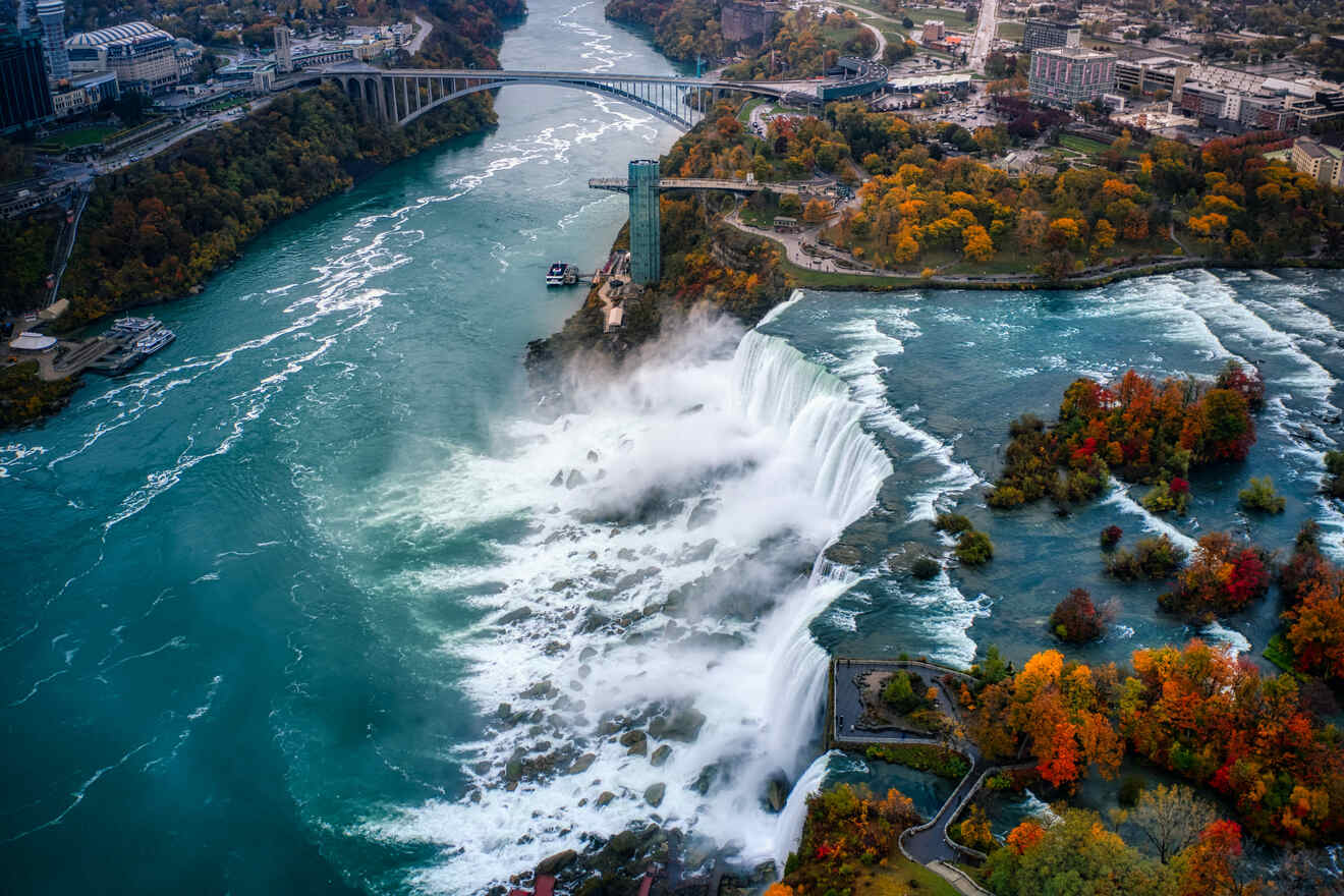 Aerial view capturing the full expanse of Niagara Falls, with a clear view of the Rainbow Bridge and surrounding urban landscape.