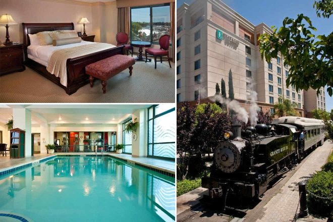 A collage of three hotel photos to stay in Sacramento: an opulent bedroom with traditional furnishings and a view, an indoor pool with classical architecture, and a vintage train outside the hotel creating a unique historic ambiance