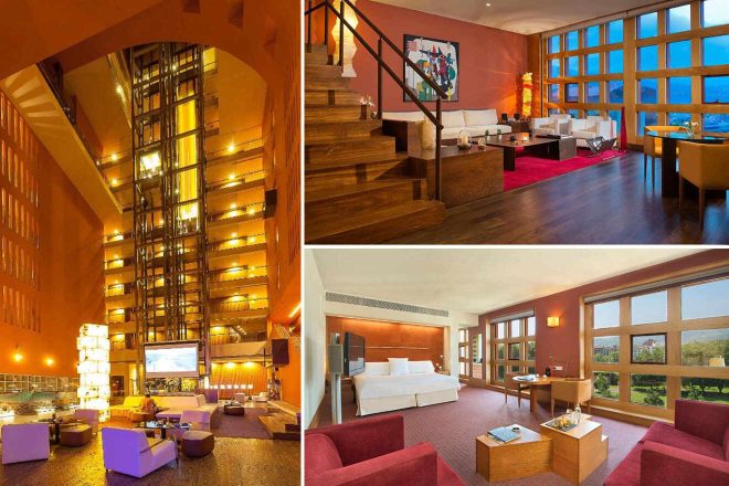 Collage of Hotel Meliá: a warmly lit atrium with an elevator, a duplex suite with wooden stairs and large windows, and a spacious bedroom with scenic views