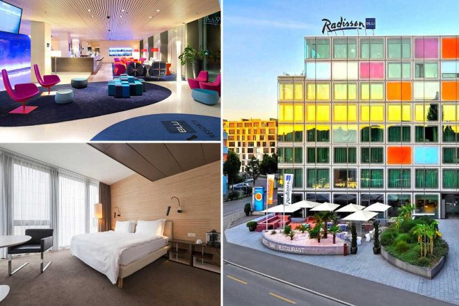 A collage of three hotel photos to stay in Lucerne: a vibrant hotel lobby with modern, colorful furniture and ambient lighting, a bedroom with simple decor and a plush bed, and the hotel's exterior with a unique, colorful glass facade and outdoor seating.