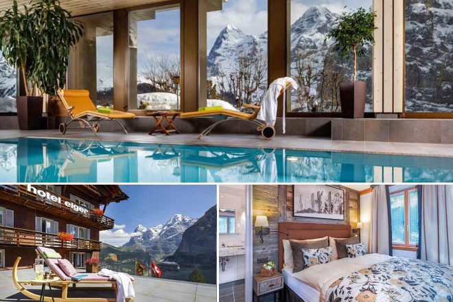 A collage of three hotel photos to stay in Interlaken: a serene indoor-outdoor pool with panoramic alpine views, a sunlit balcony overlooking majestic peaks with comfortable lounge chairs, and an inviting bedroom combining rustic charm with elegant decor elements