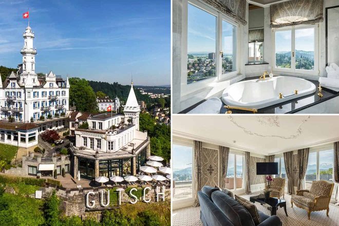 A collage of three hotel photos to stay in Lucerne: an iconic white castle-like hotel perched on a hill with the Swiss flag flying atop, a luxurious bathroom with a large window-side tub, and an opulent living room with a view of the city.