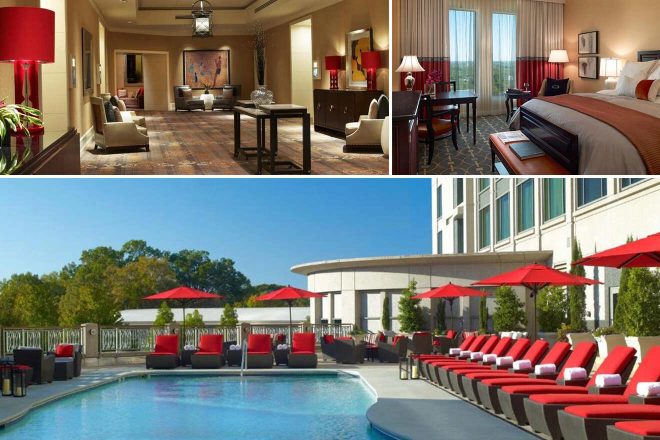 A collage of three hotel photos in Atlanta: A lounge with red accent chairs and contemporary art, a bedroom with elegant red and beige decor, and an outdoor pool area with red sun loungers and umbrellas.