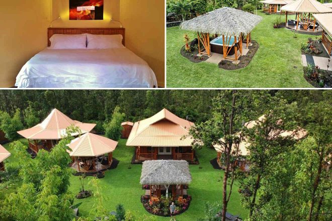 A collage of three hotel photos to stay in the Big Island: A rustic bedroom with a simple decor and a painting of a dancer, unique tiki-style huts with thatched roofs in a lush garden setting, and a traditional Hawaiian structure amidst sprawling greenery.