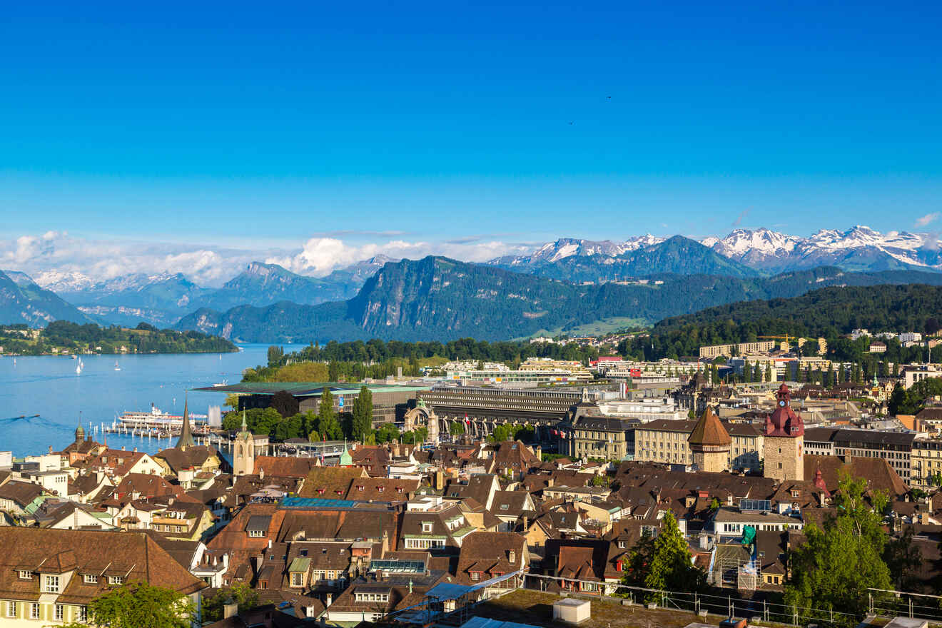 Aerial view of Lucerne city in Switzerland, showcasing the old town architecture with mountains in the distance and a clear blue lake