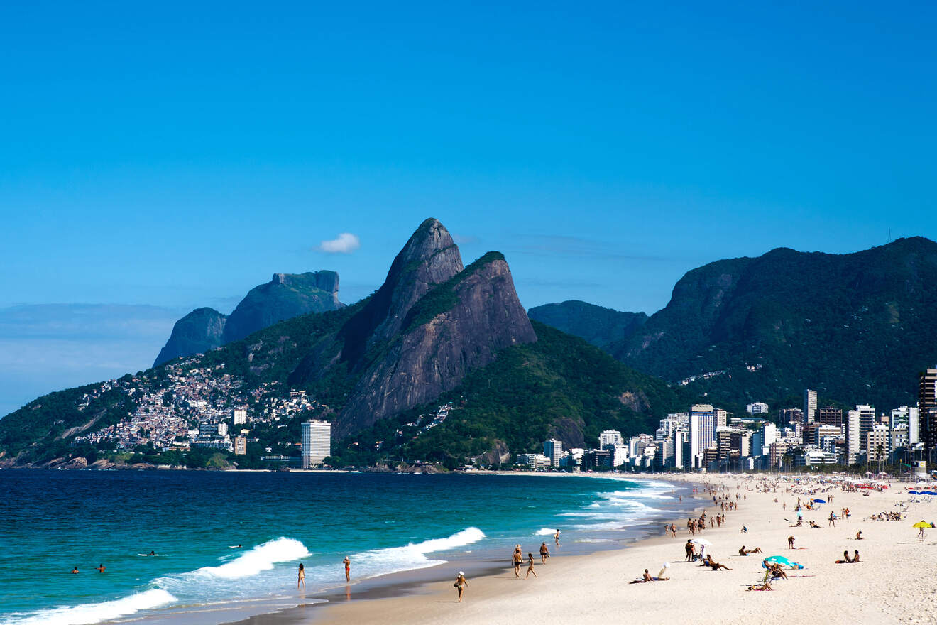 Stunning beachfront view of Ipanema Beach in Rio de Janeiro with Two Brothers Mountain in the background