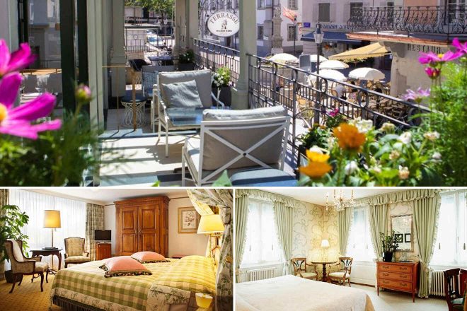 A collage of three hotel photos to stay in Lucerne: a quaint balcony with bright flowers overlooking a busy street, a traditional room with patterned textiles and wooden furniture, and a cozy bedroom with soft lighting and elegant decor.