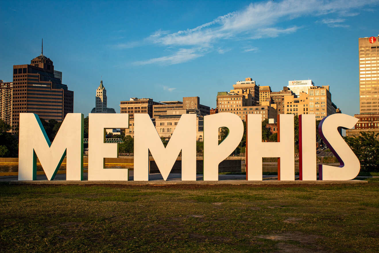 Iconic 'MEMPHIS' sign with the city's downtown skyline in the background, representing the cultural spirit and pride of Memphis, Tennessee