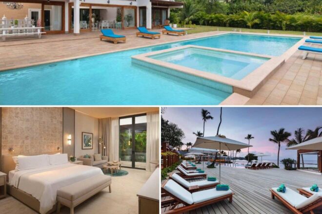 Collage of three hotel photos: outdoor pool, bedroom, and outdoor lounge area