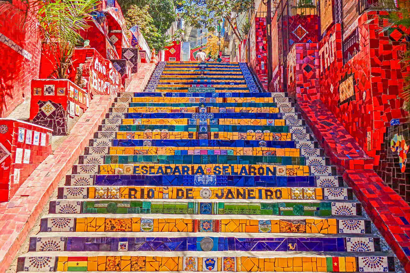 Vibrant and intricately tiled Escadaria Selarón steps in Rio de Janeiro, a famous artistic landmark, under bright sunlight