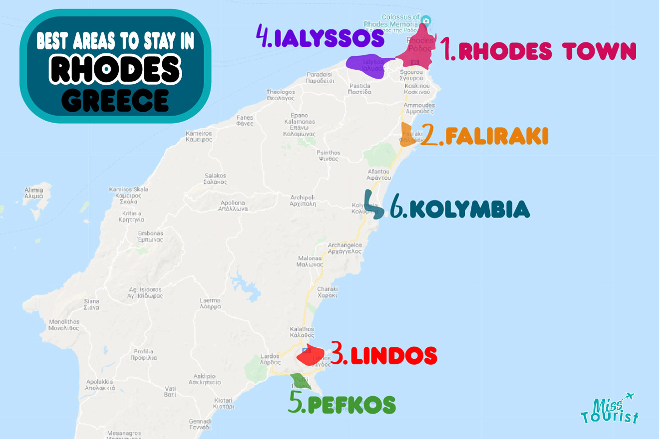 Map of best areas in Rhodes Island in Greece