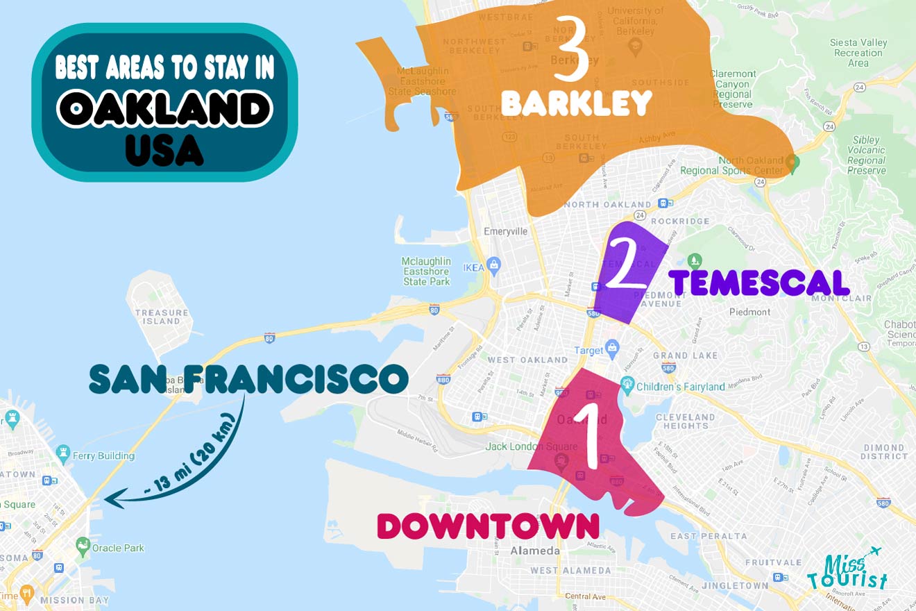 Map of best areas to stay in Oakland USA