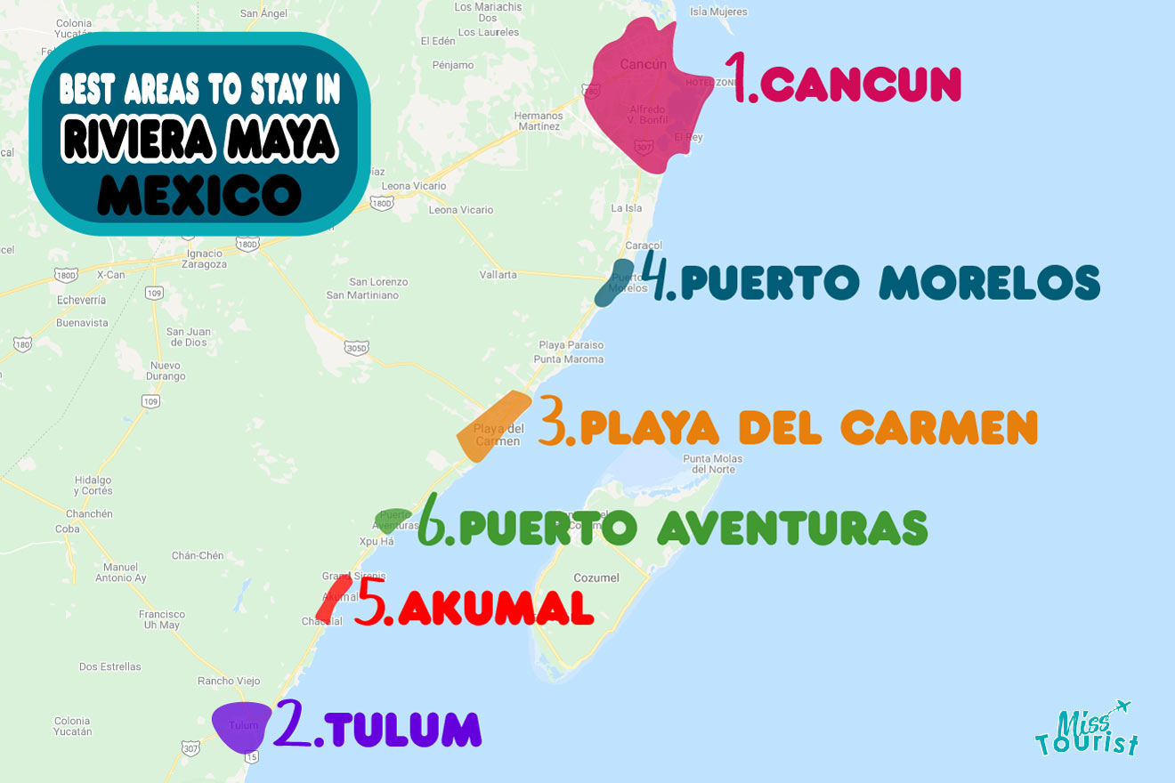 Map of best areas to stay in Riviera Maya