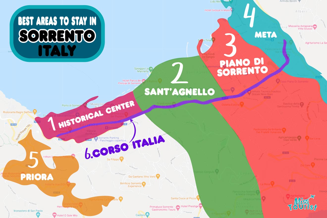 Map of the best places to stay in Sorrento