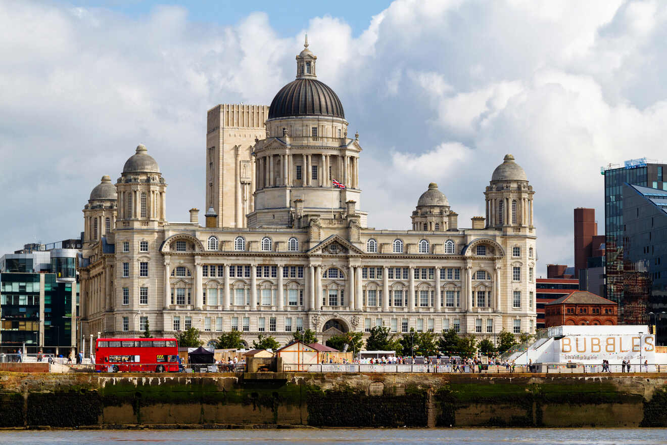 The iconic Liverpool waterfront, featuring the landmark Port of Liverpool Building with its distinctive dome and grand architecture, alongside the River Mersey under a cloudy sky.