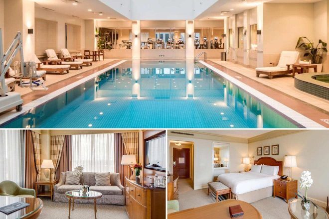 A collage of three hotel photos to stay in Indianapolis: a serene indoor swimming pool with lounge chairs, a spacious living area with comfortable seating and warm lighting, and a cozy bedroom with a plush bed and classic furnishings.