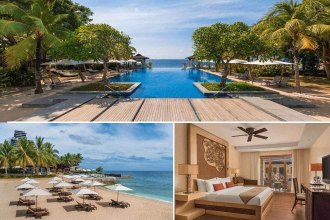 A collage of three hotel photos to stay in the Philippines: A luxurious beachfront resort with a large blue infinity pool lined with palm trees and loungers, a bright and spacious bedroom with direct access to a sandy beach, and a sophisticated wooden deck by the ocean.