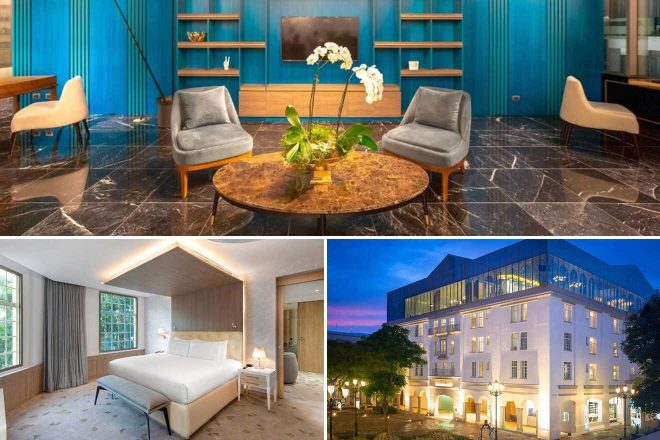 A collage of three hotel photos to stay in San Jose: a modern hotel lounge with blue walls and marble flooring, a cozy bedroom with elegant lighting, and a stunning exterior view of a white building lit up at dusk.