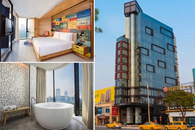 Collage of 3 pics of luxury hotel: a bright room with a bed, colorful wall art, and floor-to-ceiling windows; a spacious bathtub with a city view; the exterior of a multi-story glass building.