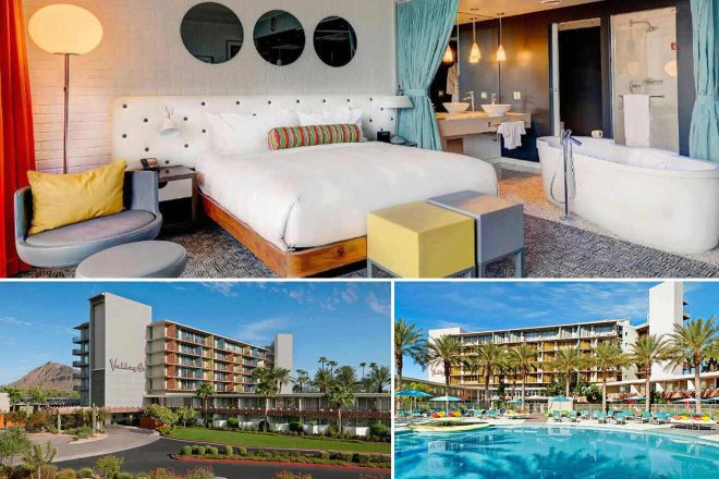 A collage of three hotel photos to stay in Scottsdale: a stylish hotel room with a modern design and an open-plan bathroom, the hotel’s exterior with a lush garden and mountain backdrop, and a large swimming pool area surrounded by palm trees and lounge chairs.