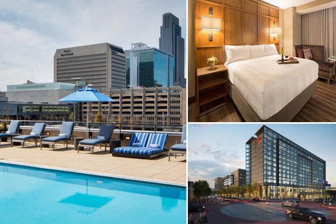 A collage of three hotel photos to stay in Omaha: a rooftop pool with city views and lounge chairs, a warm and inviting hotel room with wooden accents and soft lighting, and a modern hotel exterior with glass architecture and a bustling street view.