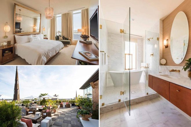A collage of three hotel photos to stay in Charleston: a cozy bedroom with a hanging wicker lamp and a view of the city, a rooftop patio with seating and views of the city skyline, and a bright bathroom with oval mirror and standalone tub.