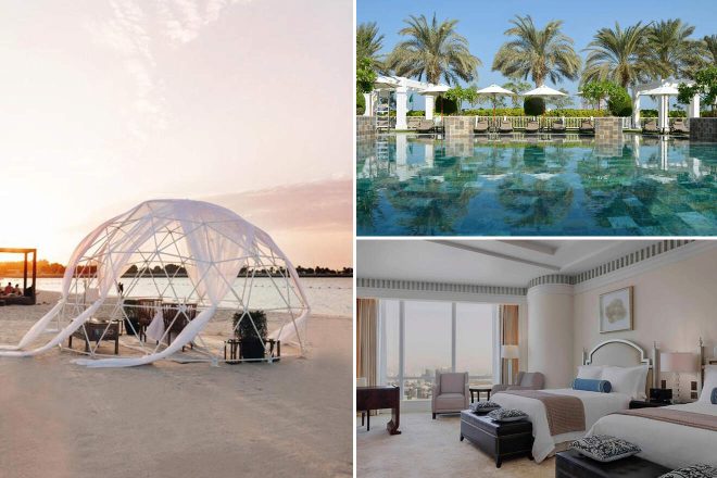A collage of three hotel photos to stay in Abu Dhabi Corniche area: a beachside dining experience under a translucent geodesic dome at sunset, a serene palm-fringed pool with crystal-clear waters and white sun loungers, and a luxurious hotel room with plush bedding and expansive city views through large windows