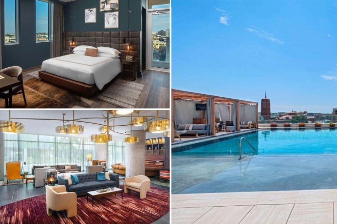 A collage of three hotel photos to stay in San Antonio: an elegant bedroom with dark walls and art pieces, a spacious living area with modern furniture and large windows, and a rooftop pool with lounge chairs overlooking the cityscape.