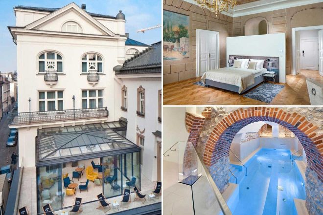 Collage of a modern hotel in The Old Town of Krakow: exterior, a luxurious bedroom, and an indoor pool area with exposed brick arches.