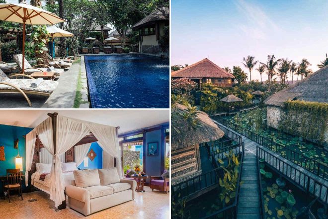 A collage of three photos of hotels to stay in Canggu: a serene poolside with loungers and parasols amidst lush greenery, a view of thatched-roof bungalows over a tranquil lily pond at dusk, an opulent bedroom with a draped four-poster bed and a plush sofa, and wooden walkways meandering through a tropical resort setting