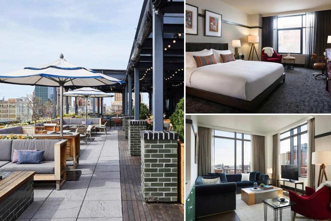 A collage of three hotel photos to stay in Milwaukee: an inviting rooftop terrace with lounge seating and umbrellas, a sophisticated bedroom with a plush bed and warm lighting, and a spacious living area with modern decor and city views.