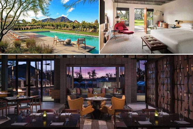 A collage of three hotel photos to stay in Scottsdale: a serene pool with mountain views and greenery, a cozy hotel room with a vibrant red chair and patio access, and a chic restaurant with sunset views through large windows.
