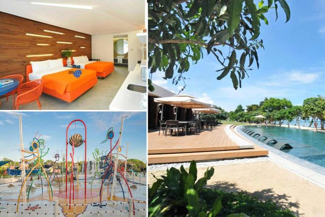 A collage of three hotel photos to stay in the Philippines: A modern and vibrant hotel room featuring orange bedding and sleek wooden accents, a serene poolside dining area with a view of a curved infinity pool overlooking the ocean, and a colorful children's water play area with artistic sculptures and sprayers.