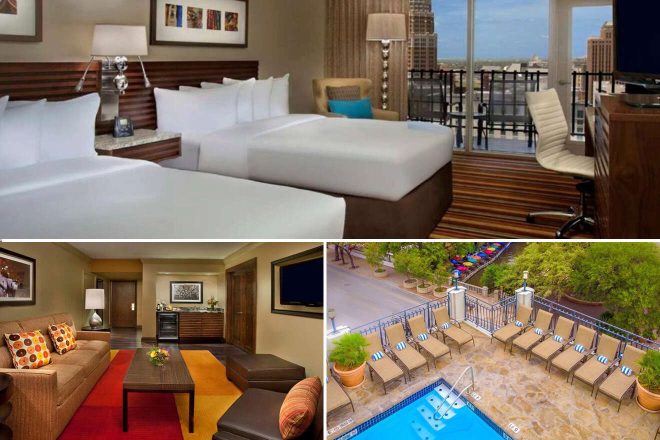 A collage of three hotel photos to stay in San Antonio: a luxurious double room with large windows and city views, a cozy living space with colorful cushions and dark wood furniture, and a hotel poolside lined with deck chairs