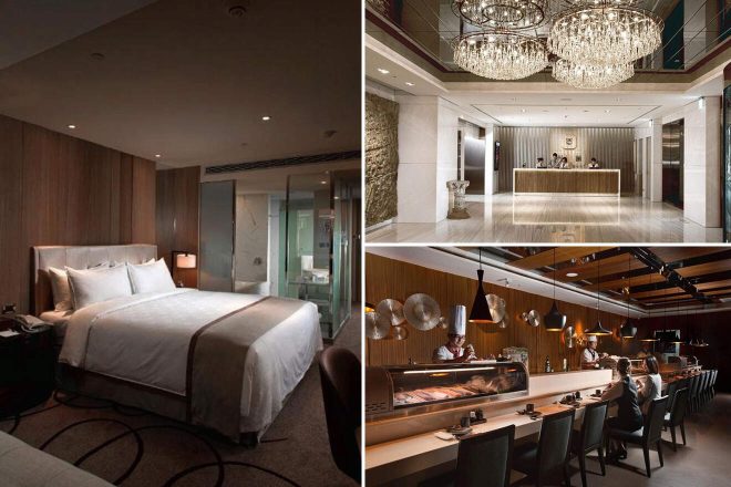 Collage of 3 pics of luxury hotel: a modern bedroom with a large bed, a lobby with reception desk and chandeliers, and a restaurant with diners seated at a long counter.