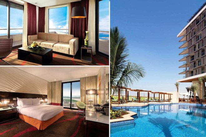A collage of three hotel photos to stay in Abu Dhabi in Yas Island: an inviting living room with ocean views and deep red curtains, a serene bedroom with a white comforter and orange accents, and a luxurious poolside setting with modern architecture and palm trees.