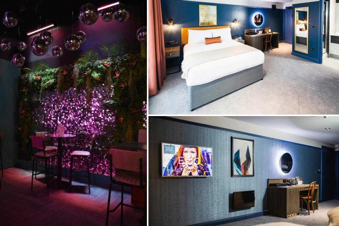 A collage of three hotel photos to stay in Liverpool: an ambient bar area with disco balls and purple lighting, a spacious bedroom with a navy and orange color scheme, and an artistic depiction of a woman on a hotel room wall.