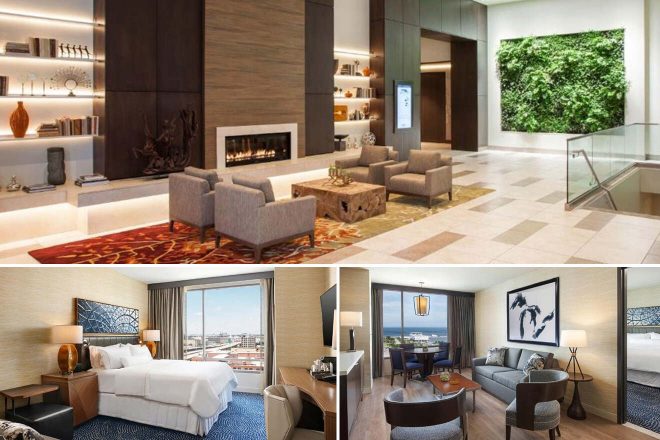 A collage of three hotel photos to stay in Milwaukee: an elegant hotel lobby with a cozy fireplace and bookshelves, a green living wall enhancing a modern atrium, and a luxurious room with bold blue accents and a scenic city backdrop.