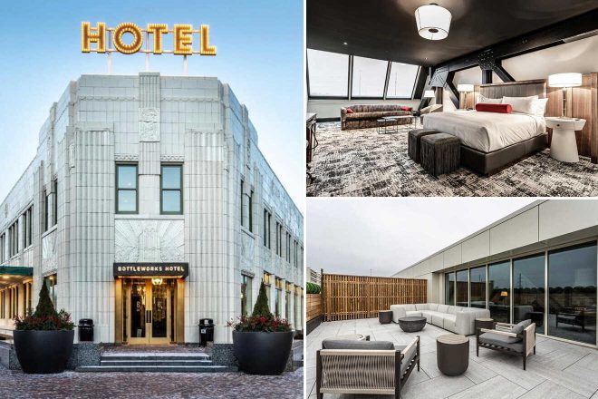 A collage of three hotel photos to stay in Indianapolis: the grand exterior of the hotel with a classic Art Deco facade and bright "HOTEL" marquee, a chic penthouse suite with modern furniture and sweeping city views, and a rooftop lounge with stylish outdoor seating and open sky views.