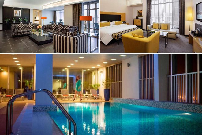 A collage of three hotel photos to stay in Abu Dhabi in Al Zahiyah area: a spacious lounge with black and white striped sofas and orange lamps, a minimalist bedroom with a mustard chair and large windows, and an indoor pool with a tranquil atmosphere and nighttime lighting